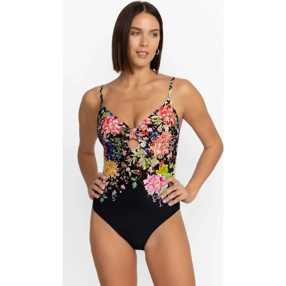 Johnny Was Sz M Metalli Notte Floral One Piece Swimsuit Keyhole Black Lined